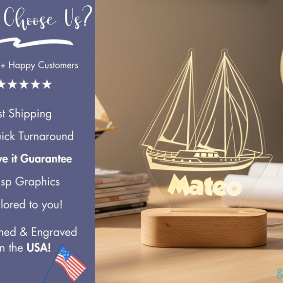 Sailboat LED Night Light | Personalized Boat Gift for Kids, Teens & Dads - Picture 4 of 8